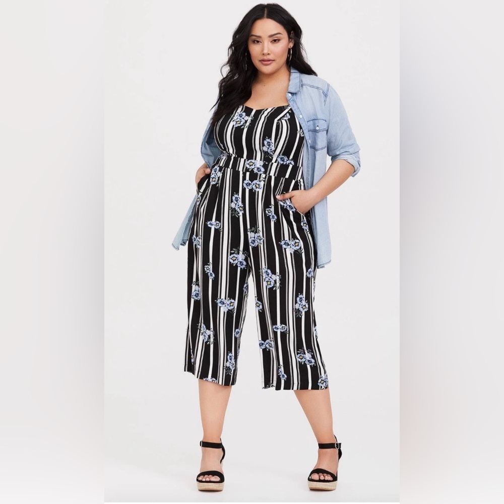 torrid Black Striped Floral Jumpsuit with Blue Flowers